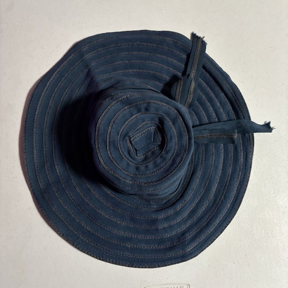 D&Y Sun Hat Wide Brim Floppy Soft Navy Blue Cotton Ribbon Bow Beach Travel - Picture 7 of 13